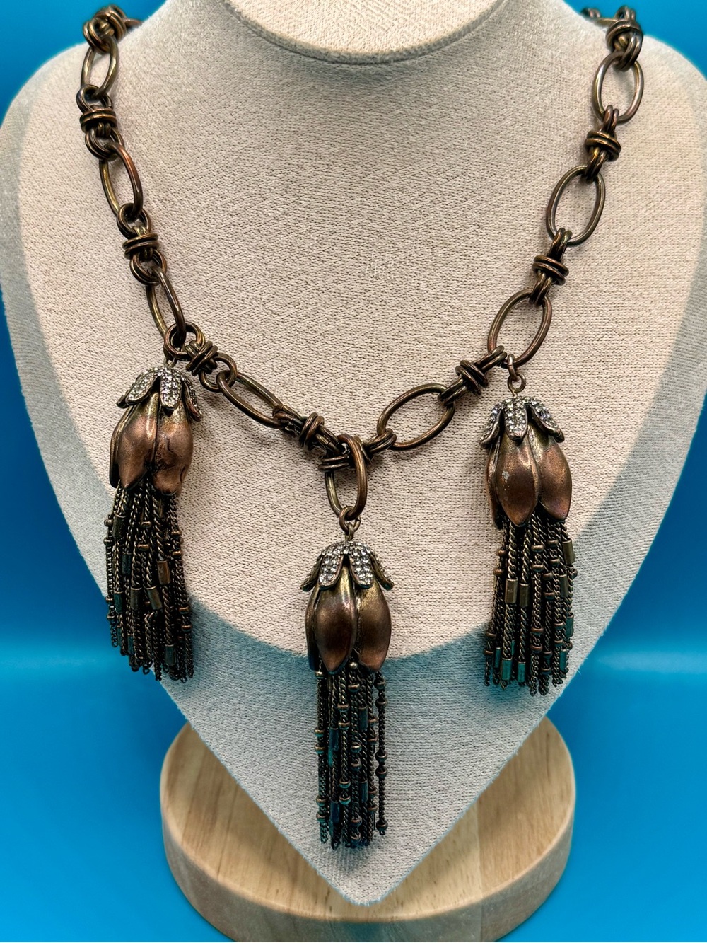 Vtg J. CREW Tulip Tassel Rhinestone Necklace - Art Deco Design